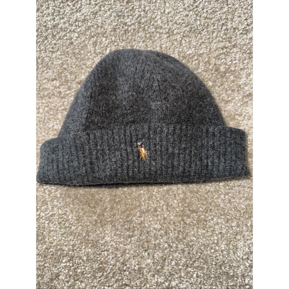 Polo Ralph Lauren Pony Beanie Hat Cap Grey Wool Blend Rib Knit OS